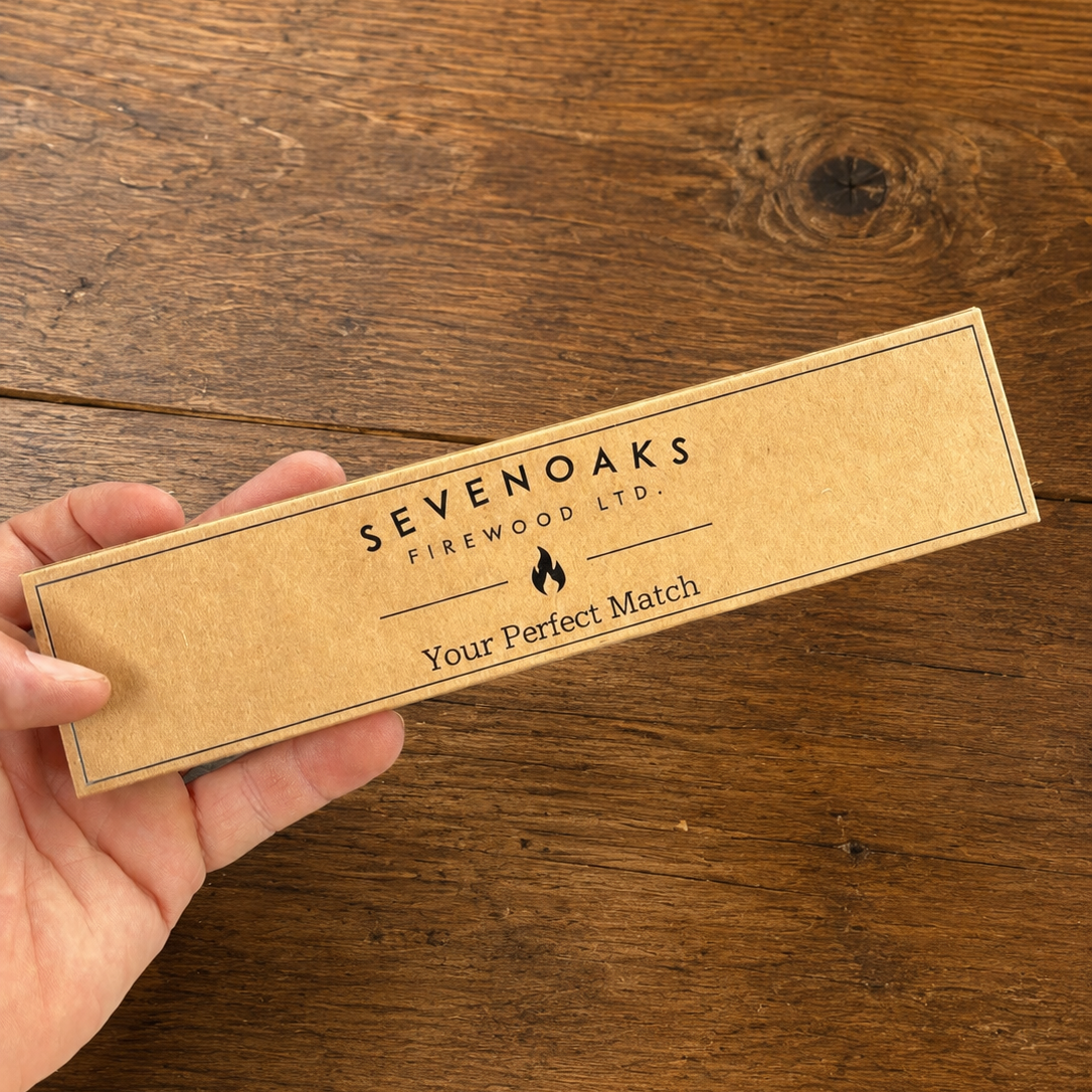 A hand holds a long, narrow kraft-paper box printed with the brand name 'SEVENOAKS FIREWOOD LTD.' and the phrase 'Your Perfect Match' against a rustic wooden tabletop background.