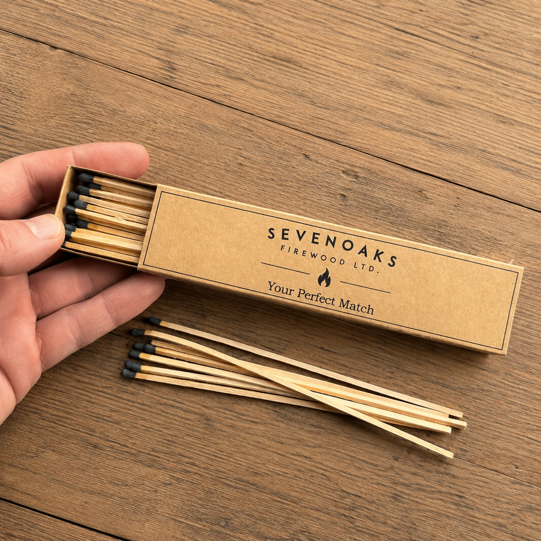 A hand holds an open kraft paper matchbox labeled 'SEVENOAKS FIREWOOD LTD. Your Perfect Match' on a rustic wooden tabletop, with several wooden matches and black-tipped matches visible.