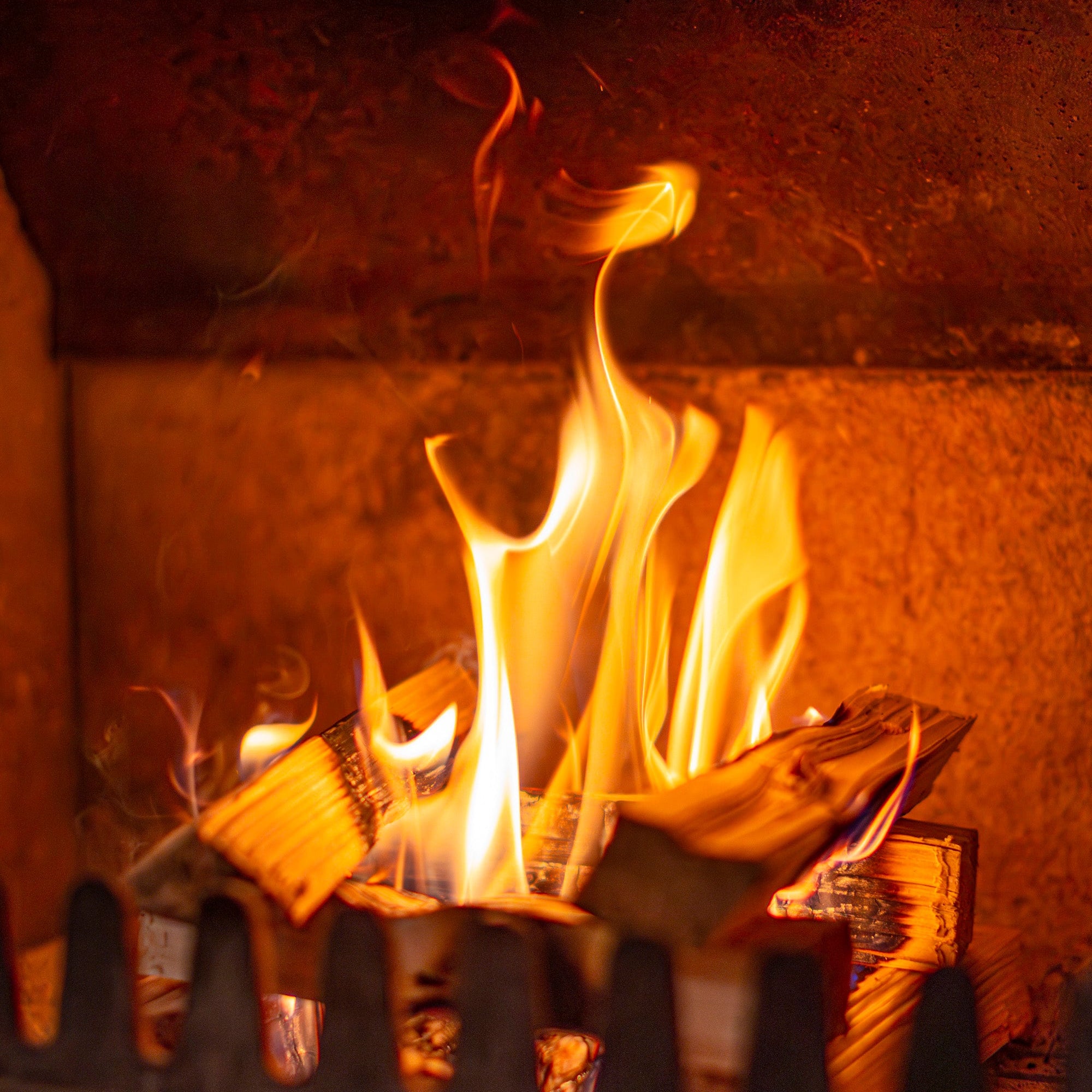 Close-up of flames burning in a fireplace.